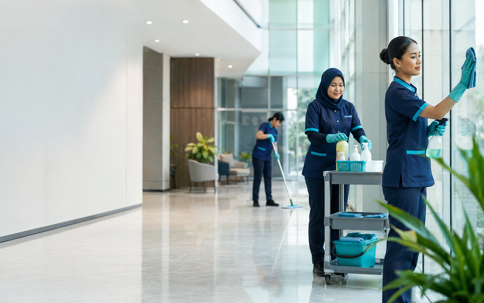 Professional Hariza cleaning team working in a modern office